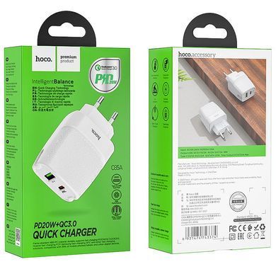 Мережевий зарядний пристрій Hoco C85A Bright PD20W + QC3.0 Type-C + USB 3A 20W White 23457 фото