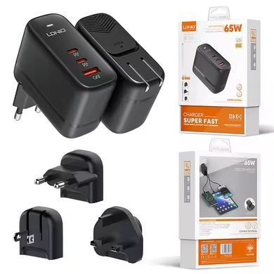 Мережевий зарядний пристрій LDNIO Q366 GAN 65W PD 2 Ports Type C +USB (адаптер + перехідник CN/EU) 29788 фото