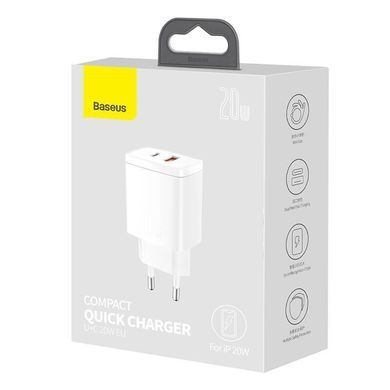 Мережевий зарядний пристрій Baseus Compact Quick Charger (20W, 3A) QC+PD (Type-C + USB) (CCXJ-B02) білий 24148 фото