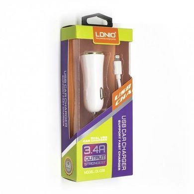 Автомобильное зарядное устройство LDNIO DL-C28 (2 USB, 3.4 A, + кабель Lightining) White 11321 фото