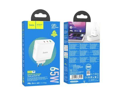 Мережевий зарядний пристрій Hoco N30 1USB, 2 Type-C PD 65W білий 26890 фото
