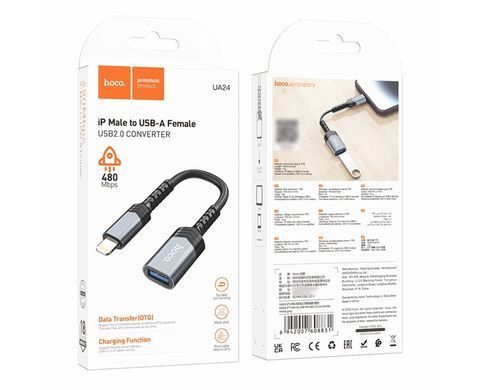 Адаптер Перехідник Hoco UA24 Lightning - USB 2.0 сірий 29041 фото