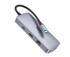 Мультиадаптер хаб Hoco HB32 8в1 Type-C to USB 3.0/ 2 USB 2.0/ Type-C/ HDMI/ RJ45/ SD/ TF PD 100W 0.18m сірий 29044 фото