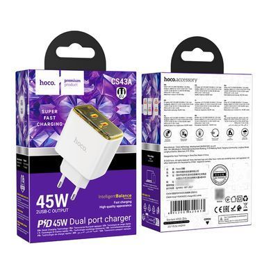 Сетевое зарядное устройство Hoco CS43A 2 Type-C PD 45W белый 29600 фото