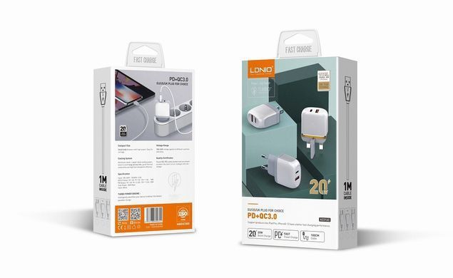 Мережевий зарядний пристрій LDNIO A2316C PD 20W + QC3.0 Type-C + USB 3A (адаптер + кабель USB-Type-C) білий 30972 фото