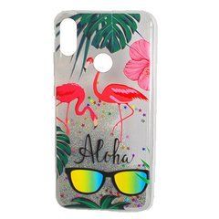 Чехол TPU Xiaomi Redmi Note 7 (2019) с рисунком серый фламинго и сыпучими блестками 14491 фото