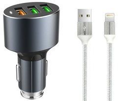 Автомобільний зарядний пристрій LDNIO C703Q Quick Charge 3.0 (3 USB + кабель Lightning) Grey 16278 фото
