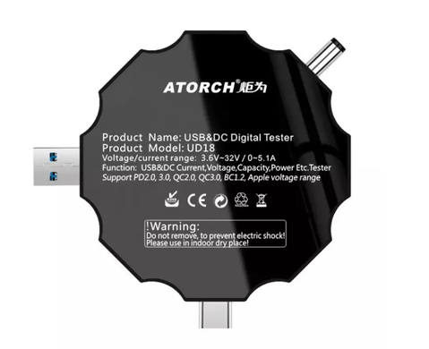 USB Тестер ATORCH UD18 18 в 1 (DC: 3,6V-32V, I: 0-5,1A, 0-99999Ah, 0-99999Wh) 26912 фото