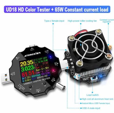 USB Тестер ATORCH UD18 18 в 1 + 65w нагрузка 26945 фото