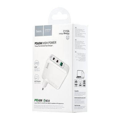 Мережевий зарядний пристрій Hoco C115A Header PD65W (USB+2Type-C) білий 31238 фото