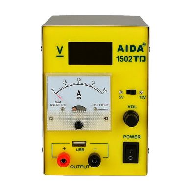 Блок питания AIDA 1502TD USB, 15V/5V, цифровая индикация, 2A стрелочная индикация, автовосстановление после КЗ 22079 фото