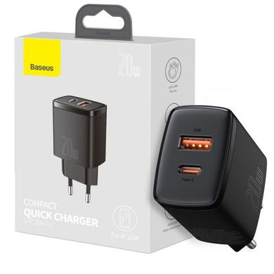 Сетевое зарядное устройство Baseus Compact Quick Charger (20W, 3A) QC+PD (Type-C + USB) (CCXJ-B01) черный 25393 фото