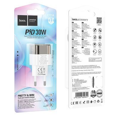 Мережевий зарядний пристрій Hoco C131A Platinum dual-port PD30W+QC3.0 чорний 32008 фото