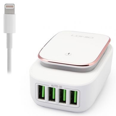 Мережевий зарядний пристрій LDNIO A4405 Led Touch 4 USB + кабель Lightining (4.4A) 07835 фото
