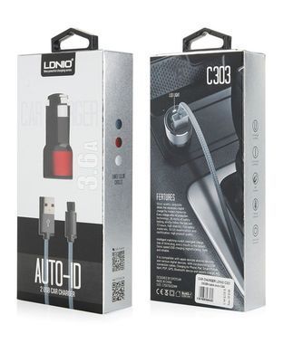 Автомобильное зарядное устройство LDNIO DL-C303 (2 USB, 3.6 A, + кабель Lightining) Red 08204 фото